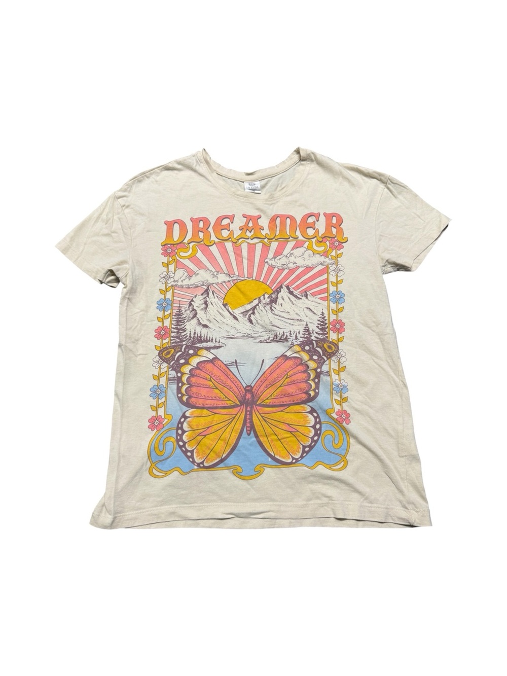 La Luna Dreamer Butterfly Mountain Graphic Tee Beige XS Boho Retro